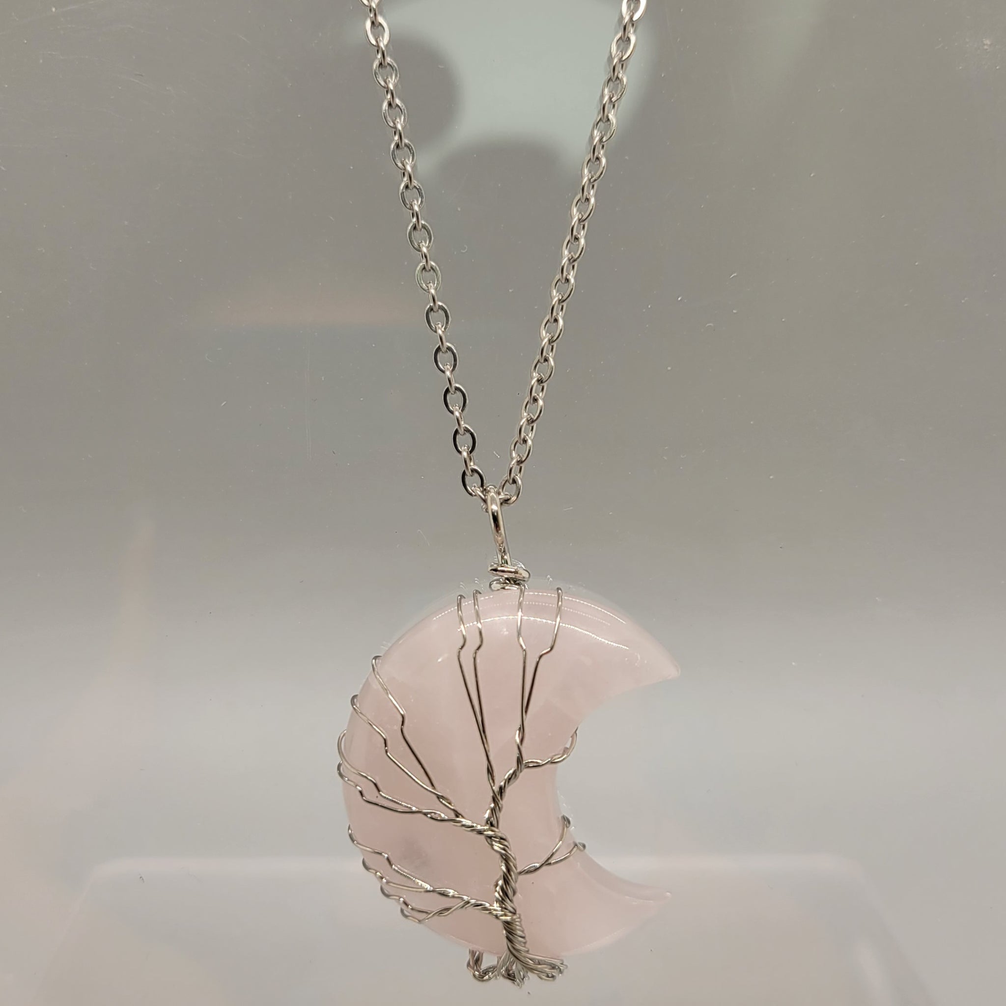 Rose Quartz Moon Wire Wrapped Pendant Necklace