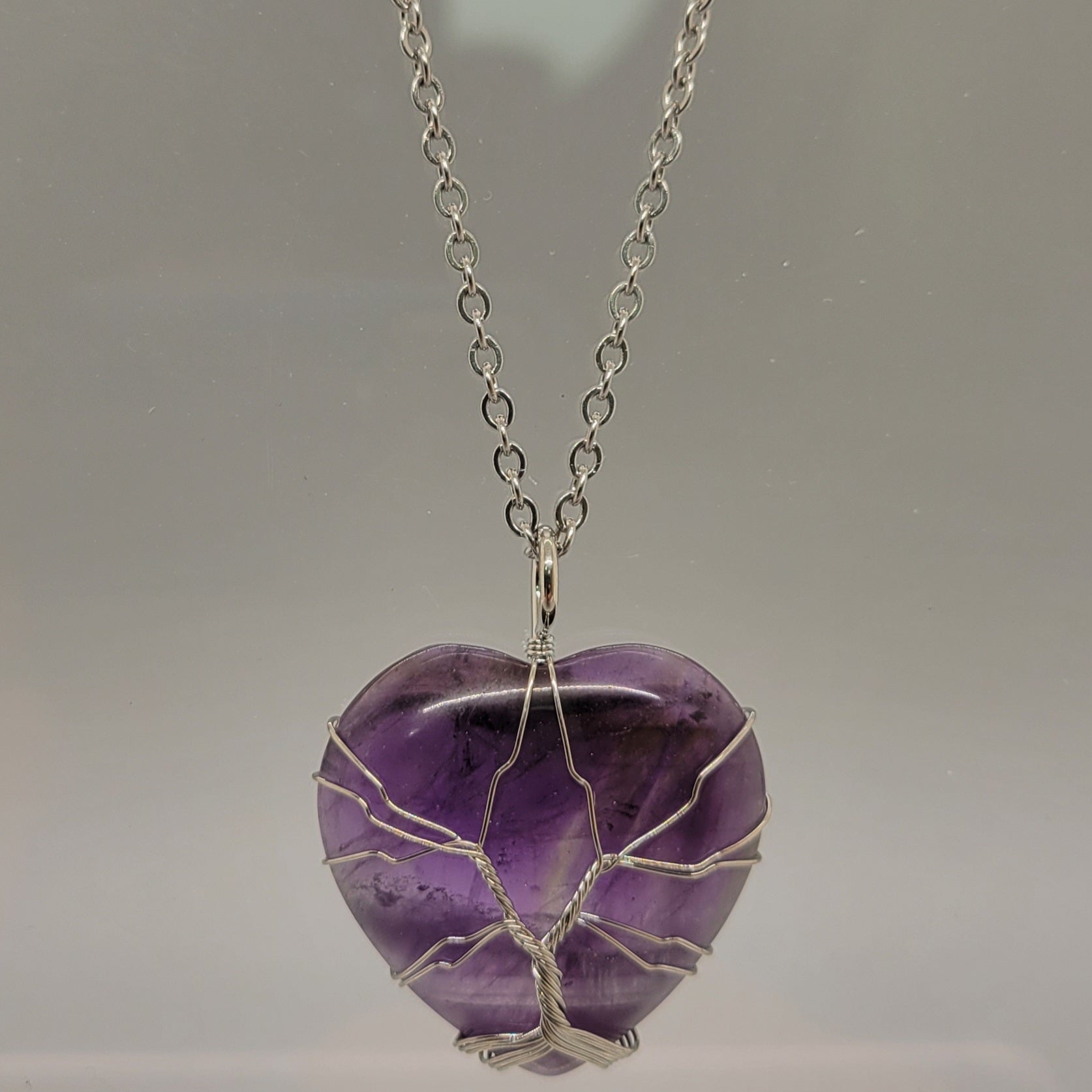 Amethyst Heart Wire Wrapped Pendant Necklace