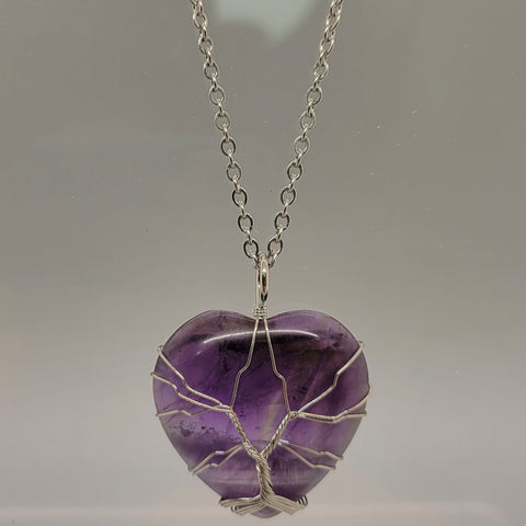 Amethyst Heart Wire Wrapped Pendant Necklace