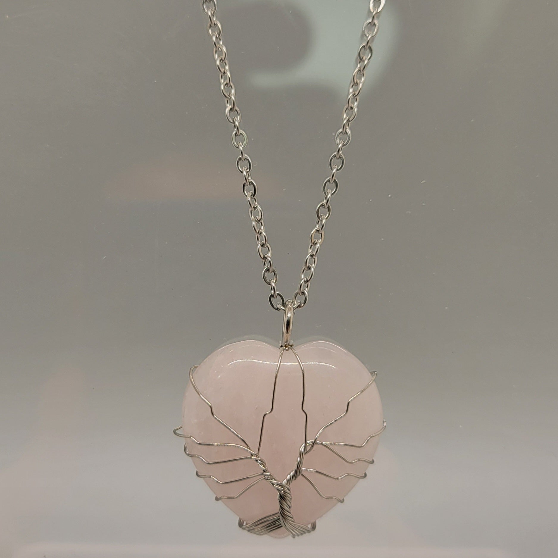 Rose Quartz Heart Wire Wrapped Pendant Necklace