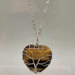 Tiger Eye Heart Wire Wrapped Pendant Necklace