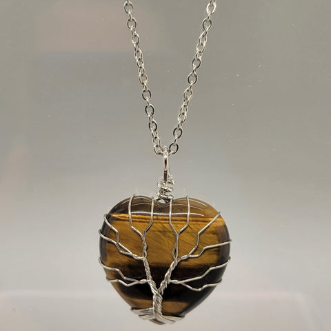 Tiger Eye Heart Wire Wrapped Pendant Necklace