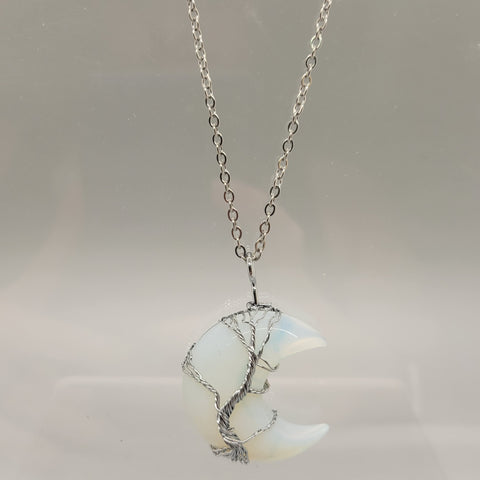 Opalite Moon Wire Wrapped Pendant Necklace