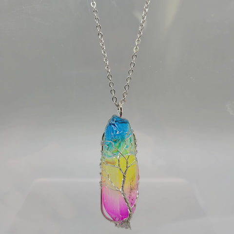 Wire Wrapped Rainbow Clear Quartz Pendent Necklace