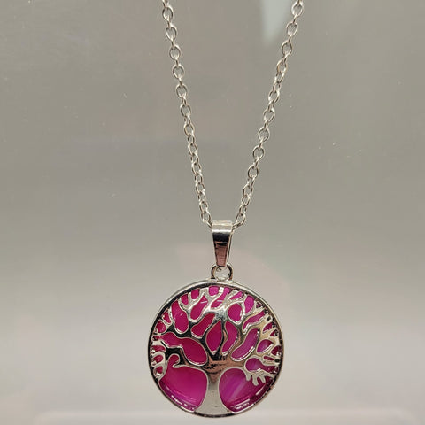 Pink Cats Eye Tree Of Life Pendent Necklace