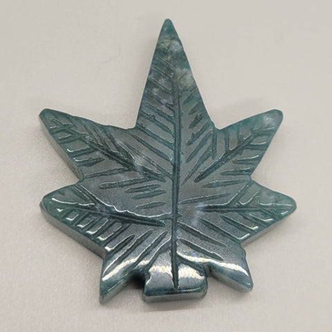 Moss Agate Cannabis Leaf Stone Carving
