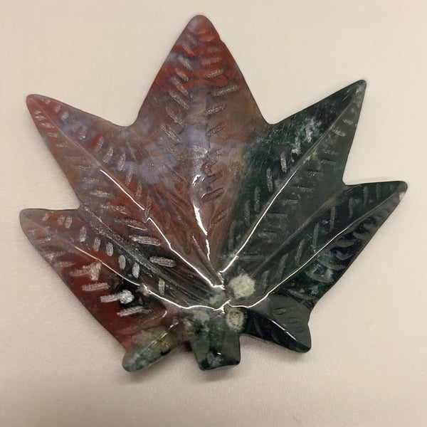 Carved Ocean Jasper Pot Leaf | Weed Crystal , Calming & Emotional Healing Gemstone Art