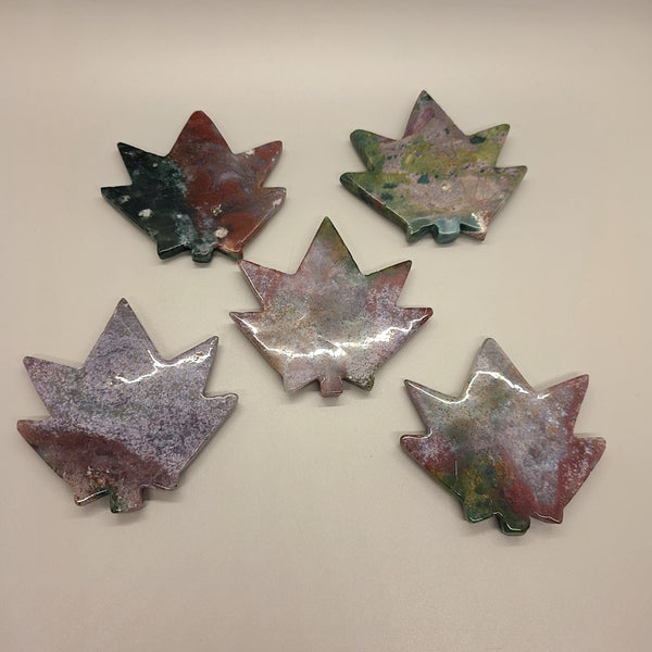 Carved Ocean Jasper Pot Leaf | Weed Crystal , Calming & Emotional Healing Gemstone Art