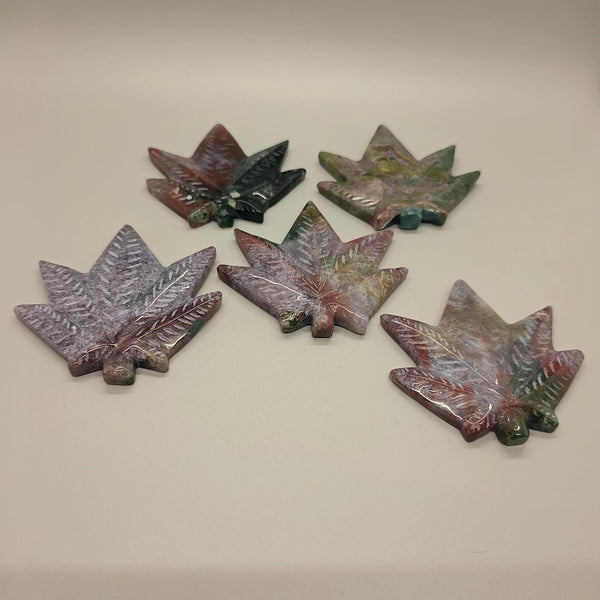 Carved Ocean Jasper Pot Leaf | Weed Crystal , Calming & Emotional Healing Gemstone Art