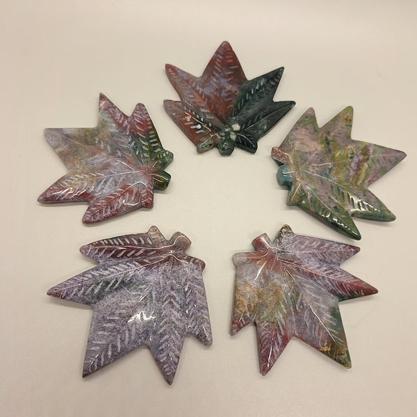 Carved Ocean Jasper Pot Leaf | Weed Crystal , Calming & Emotional Healing Gemstone Art