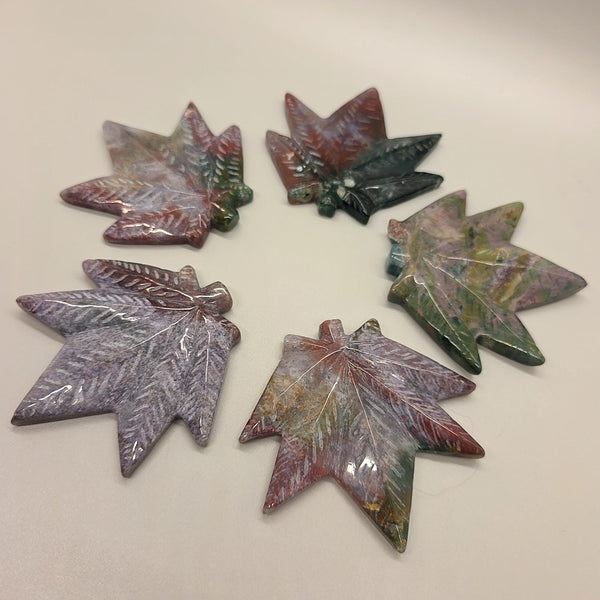 Carved Ocean Jasper Pot Leaf | Weed Crystal , Calming & Emotional Healing Gemstone Art