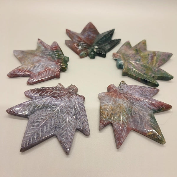 Carved Ocean Jasper Pot Leaf | Weed Crystal , Calming & Emotional Healing Gemstone Art