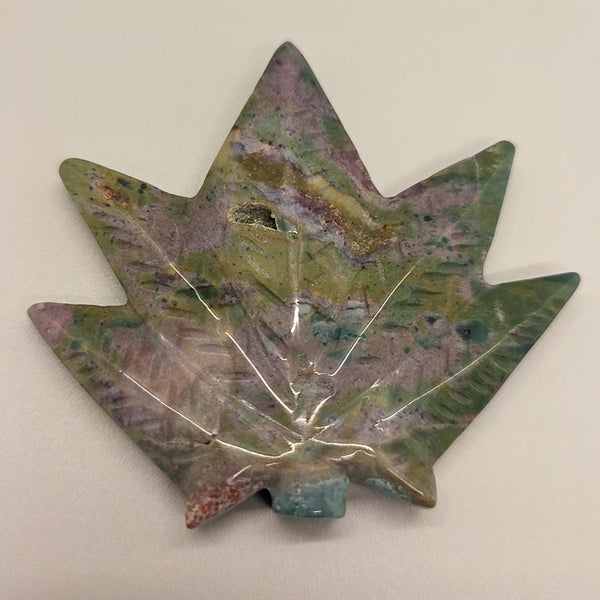 Carved Ocean Jasper Pot Leaf | Weed Crystal , Calming & Emotional Healing Gemstone Art