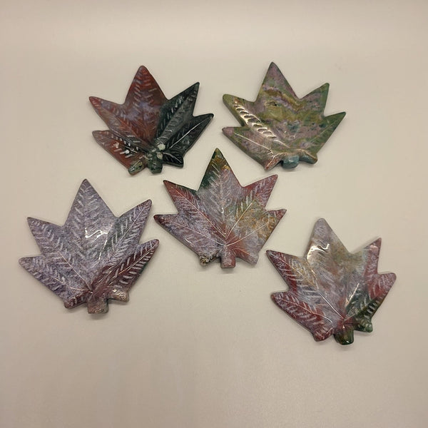 Carved Ocean Jasper Pot Leaf | Weed Crystal , Calming & Emotional Healing Gemstone Art