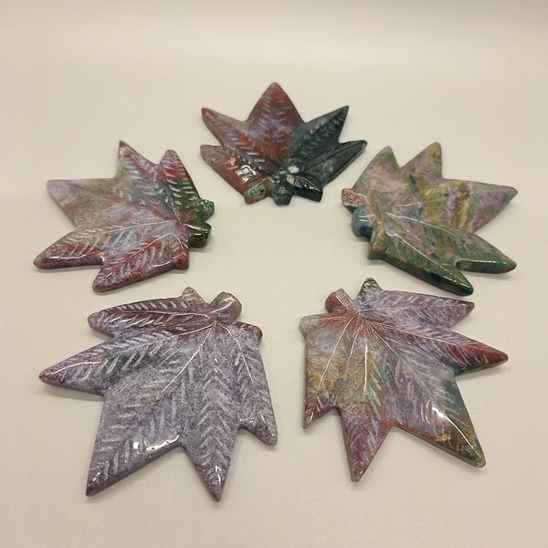Carved Ocean Jasper Pot Leaf | Weed Crystal , Calming & Emotional Healing Gemstone Art