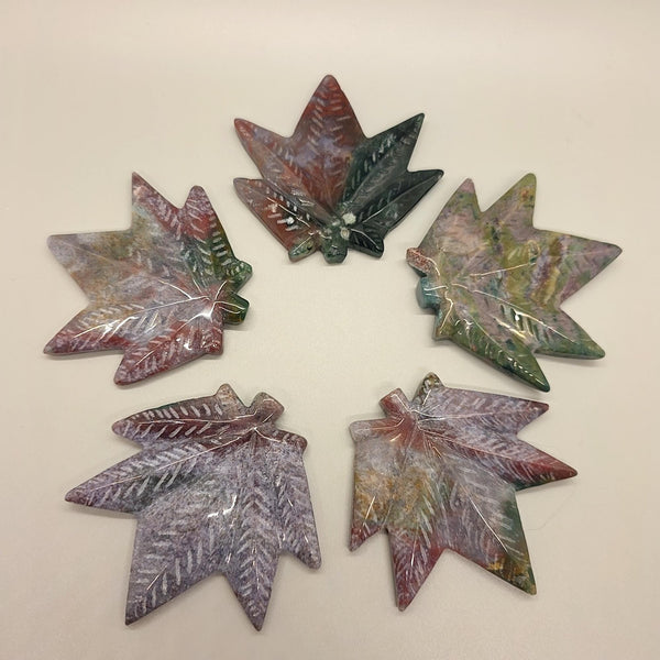 Carved Ocean Jasper Pot Leaf | Weed Crystal , Calming & Emotional Healing Gemstone Art