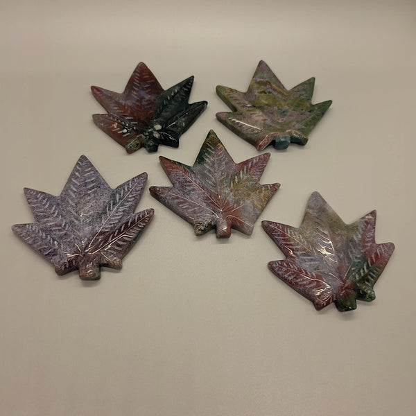 Carved Ocean Jasper Pot Leaf | Weed Crystal , Calming & Emotional Healing Gemstone Art