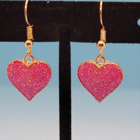 Pink Glitter Heart Dangle Earrings