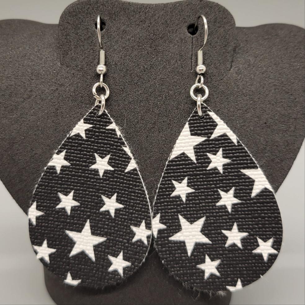 Black with White Stars Faux Leather Teardrop Dangle Earrings