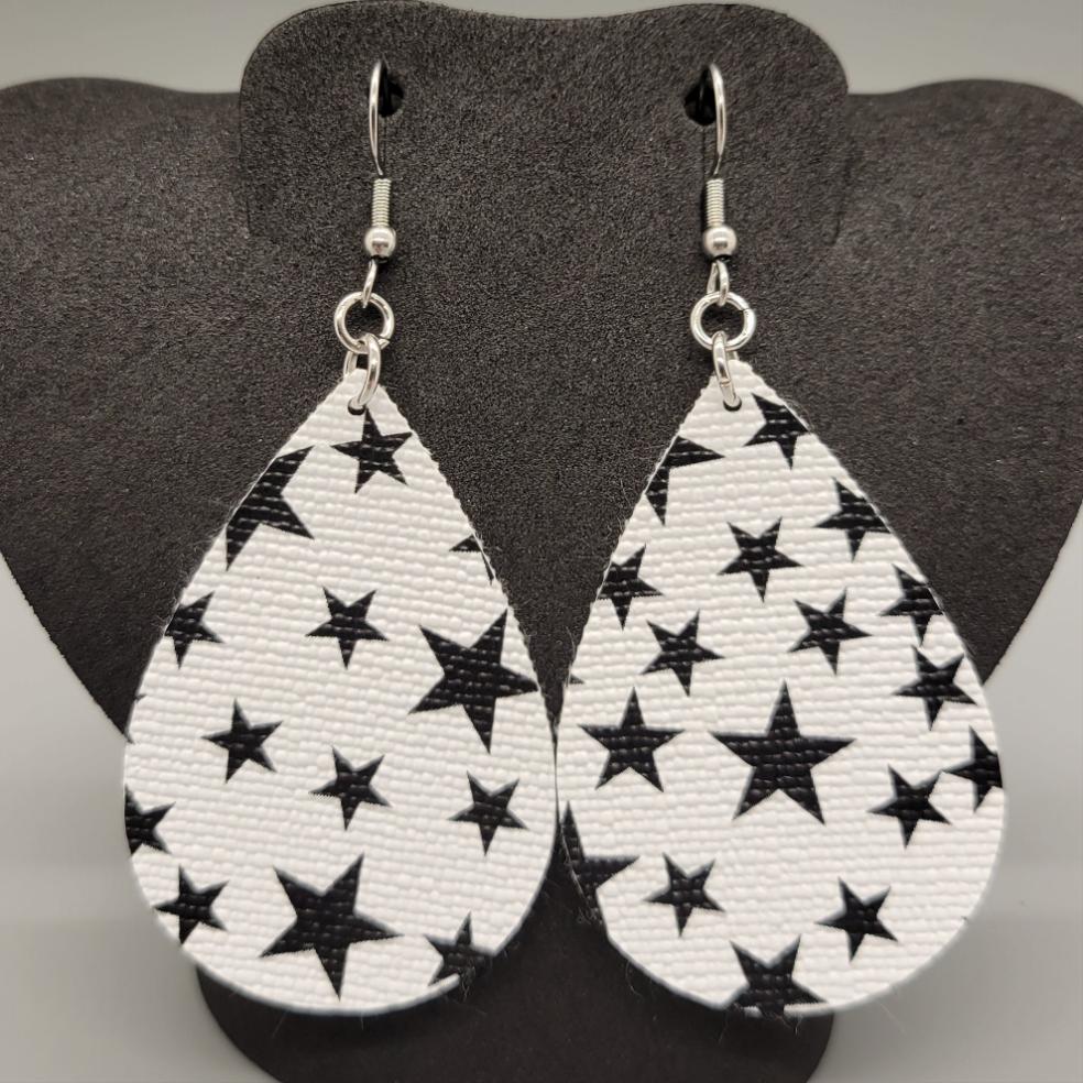 White with Black Stars Faux Leather Teardrop Dangle Earrings