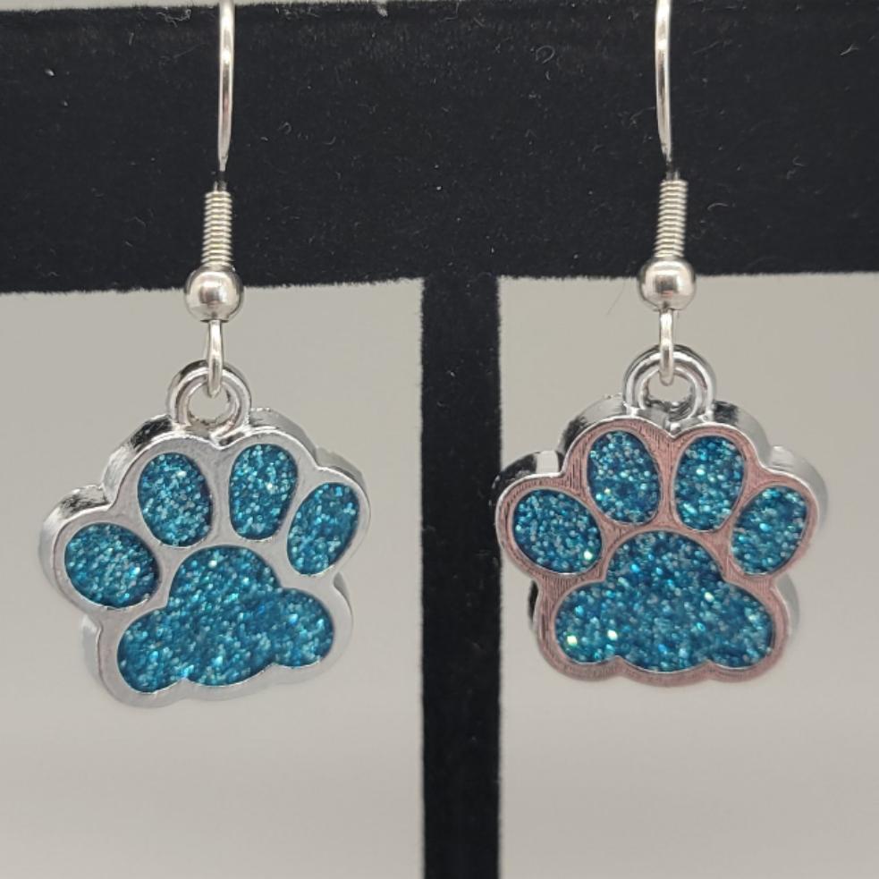 Blue Glitter Paw Dangle Earrings