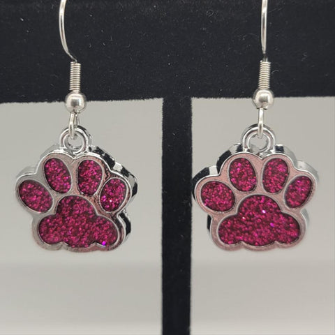 Purple Glitter Paw Dangle Earrings