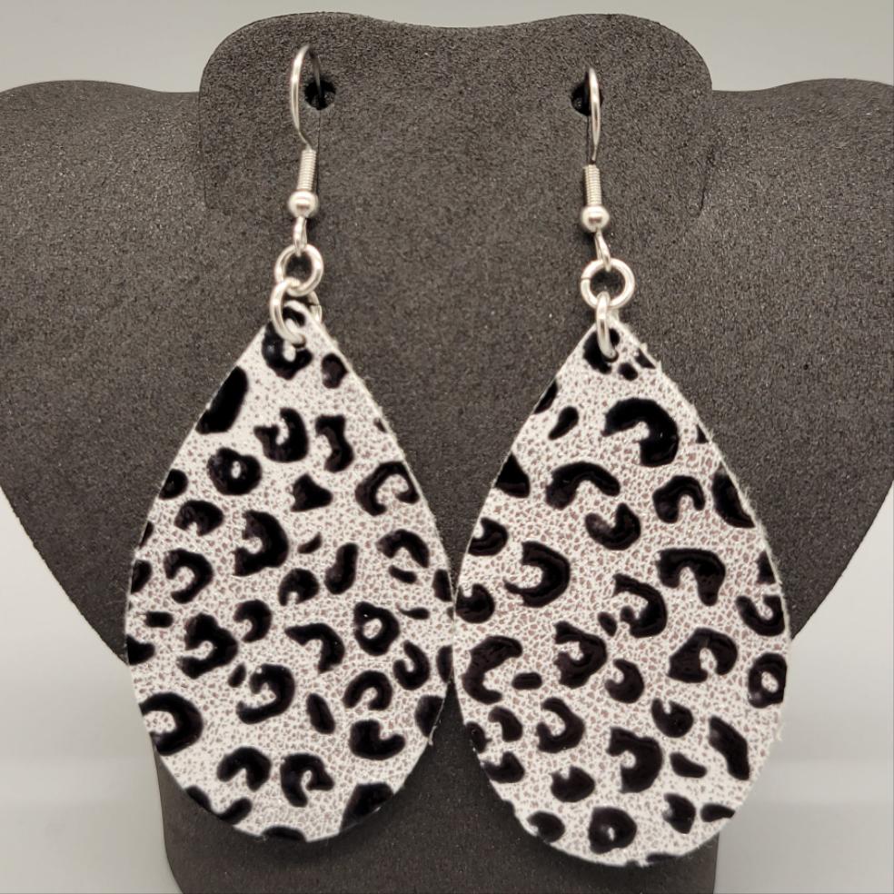 Silver Leopard Faux Leather Teardrop Dangle Earrings