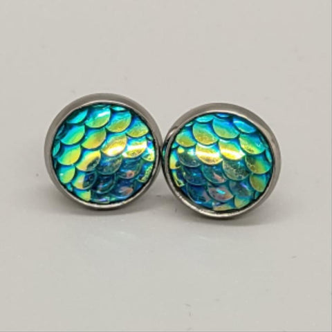 Teal Mermaid Scale Stud Earrings