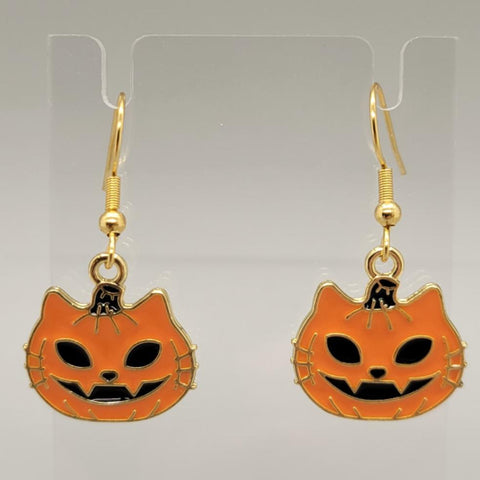 Orange Pumpkin Cat Dangle Earrings