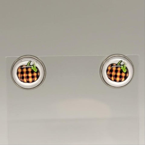 Orange Plaid Pumpkin Stud Earrings