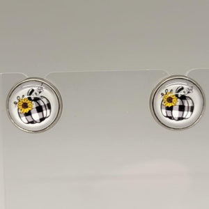 Plaid Pumpkin Black and White  Stainless Steel Stud Earrings