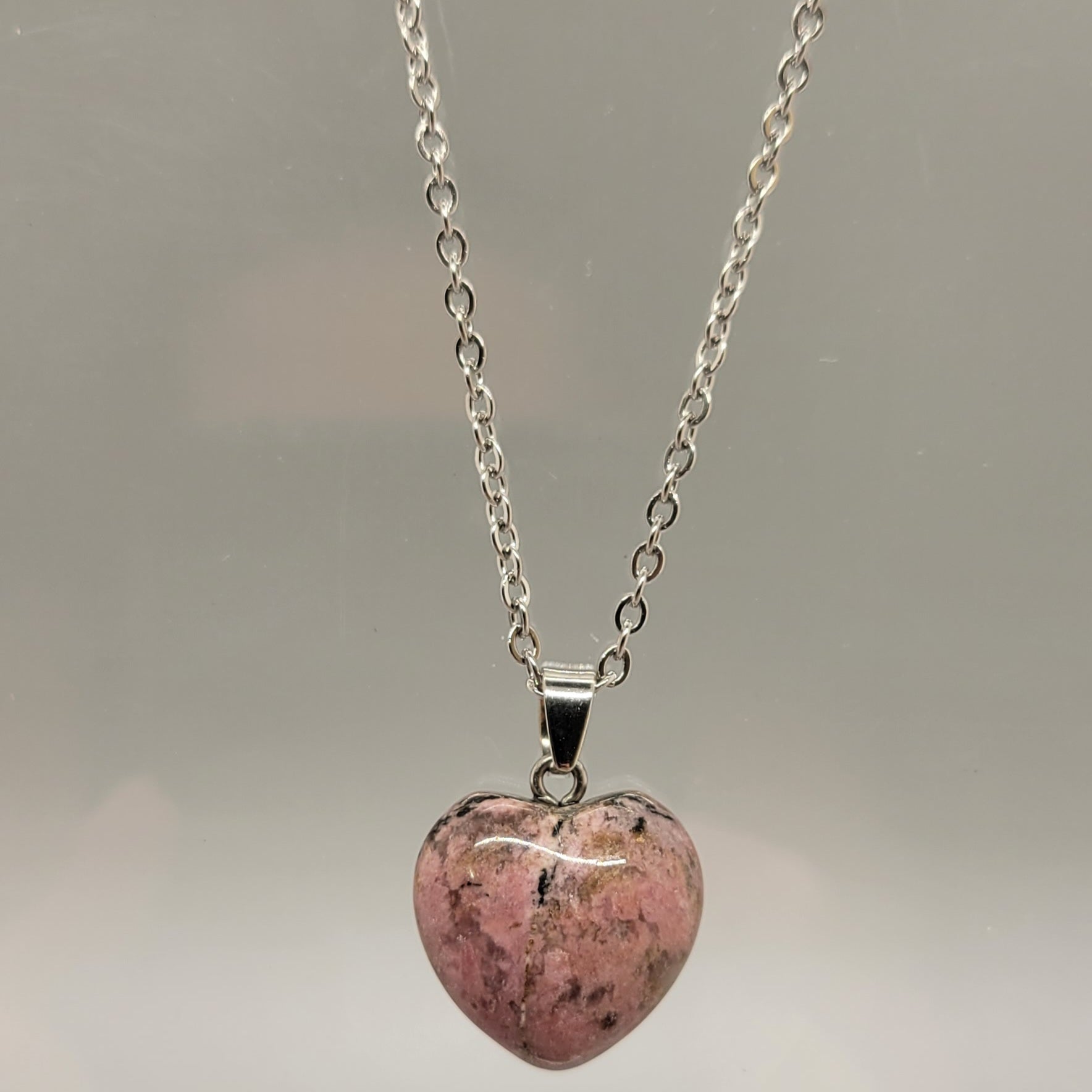 Pink Black Rhodonite Heart Natural Stone Pendent Necklace