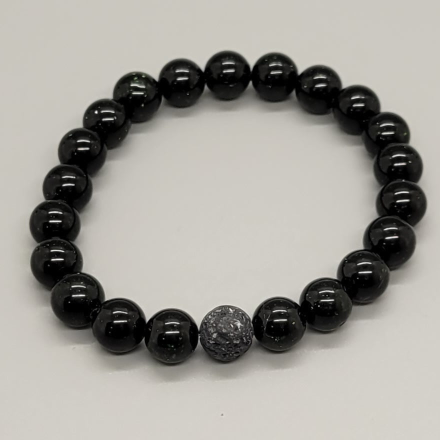 Green Goldstone Aromatherapy Stretch Bracelet With Lava Bead