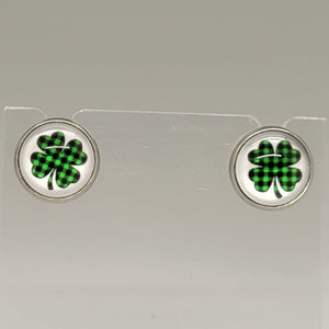 Plaid 4 Leaf Clover Stud Earrings