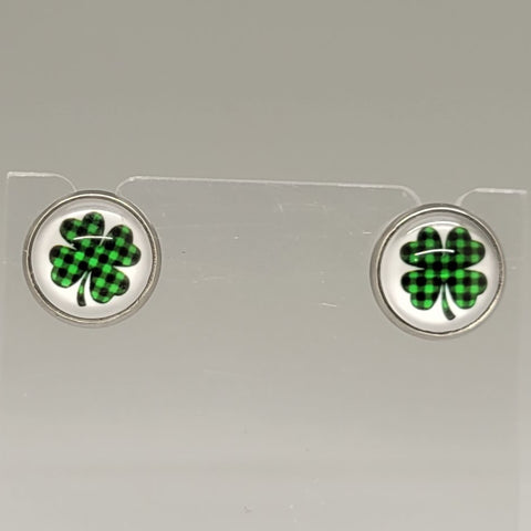 Plaid 4 Leaf Clover Stud Earrings