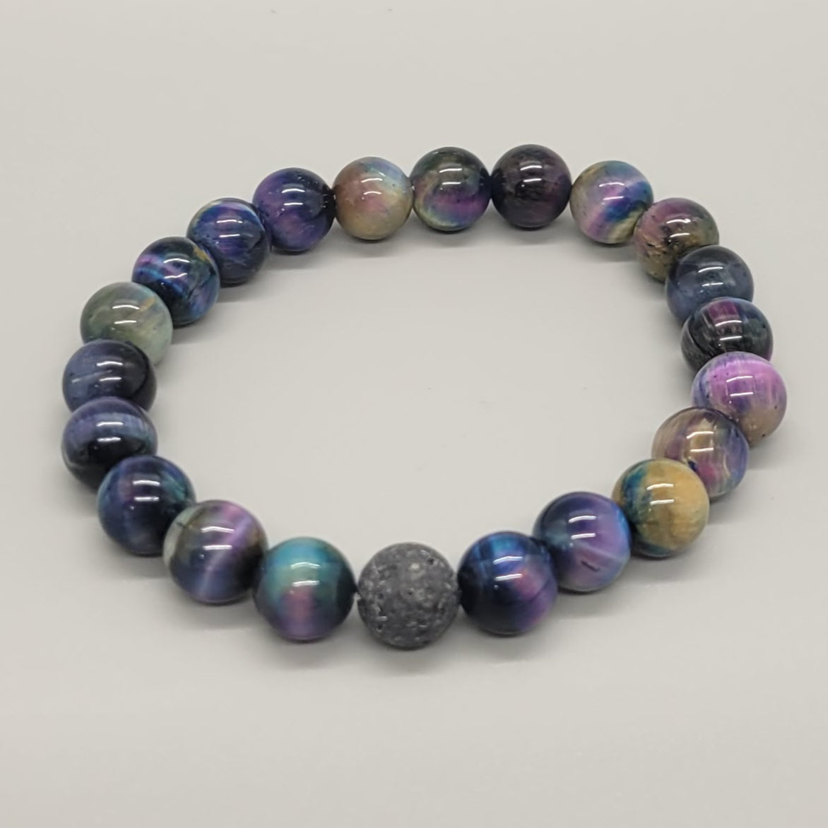 Rainbow Tiger Eye Aromatherapy Stretch Bracelet With Lava Bead