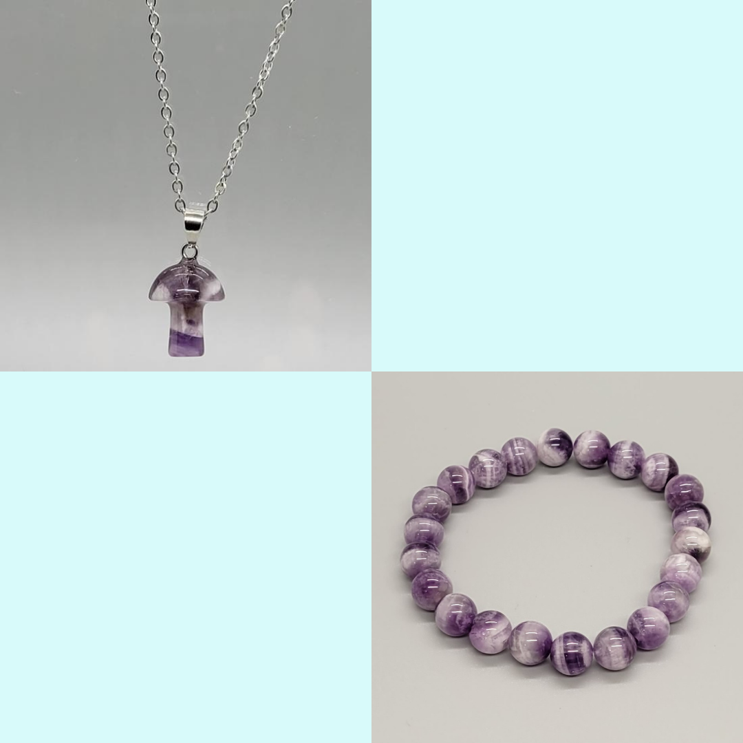 Chevron Amethyst Bracelet & Mushroom Necklace Bundle